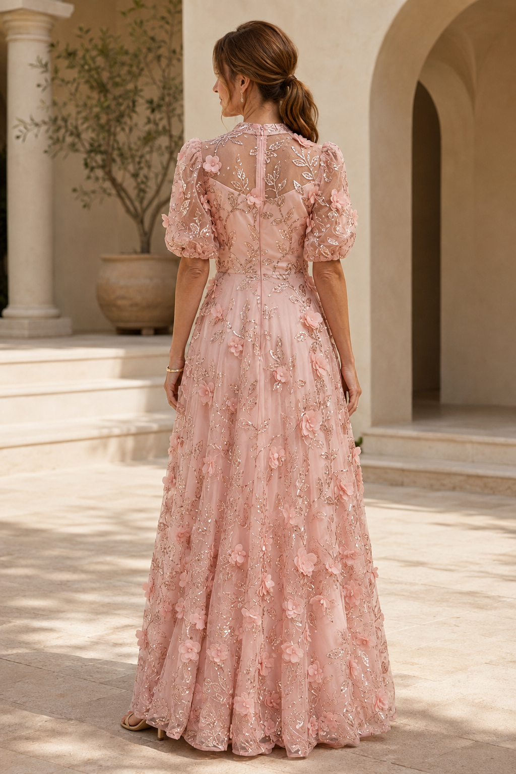 3D Floral Applique Puff Sleeve A-Line Gown
