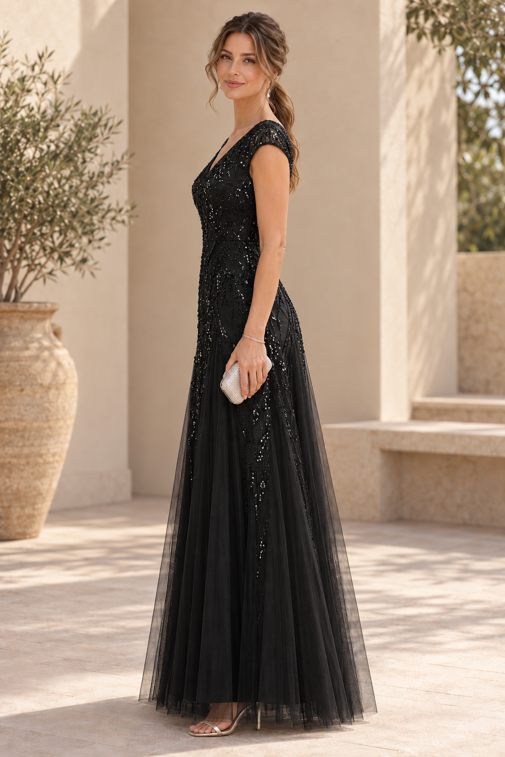 Sequin Bodice V-Neck Tulle A-Line Evening Gown