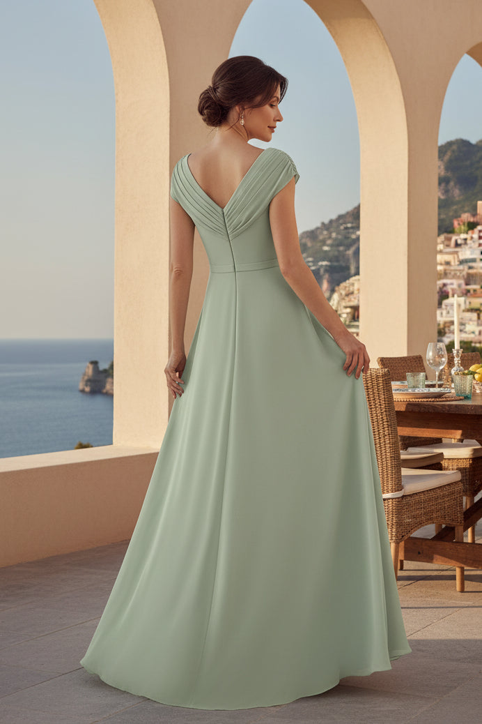 V-Neck Pleated Chiffon A-Line Evening Dress