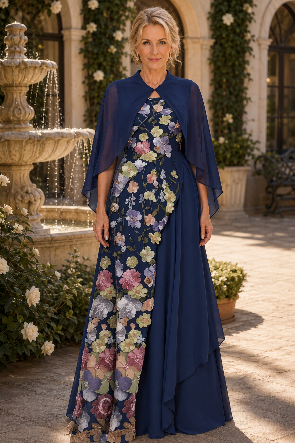 Floral Embroidered Capelet Gown with Cascading Drape