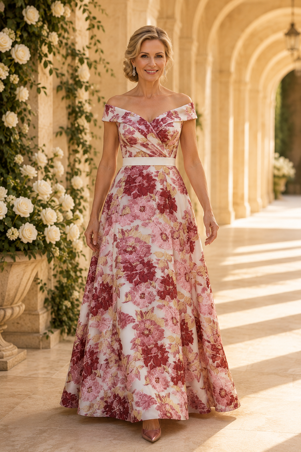 Off-the-Shoulder Floral A-Line Gown with Waistband
