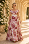 Off-the-Shoulder Floral A-Line Gown with Waistband