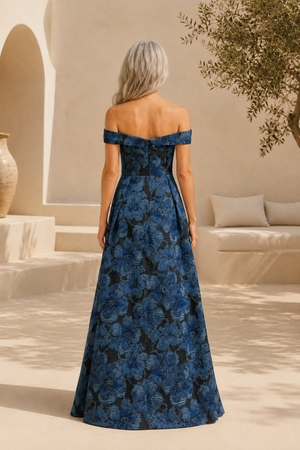 Off-Shoulder Floral Jacquard A-Line Evening Gown