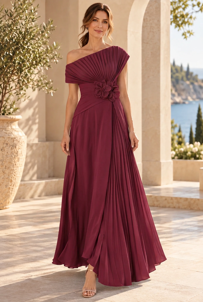 One-Shoulder Pleated Maxi Gown with 3D Flower
