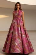 High Neck Metallic Jacquard Ball Gown