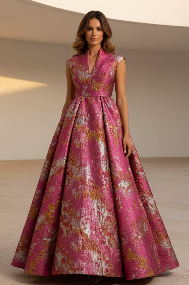 High Neck Metallic Jacquard Ball Gown