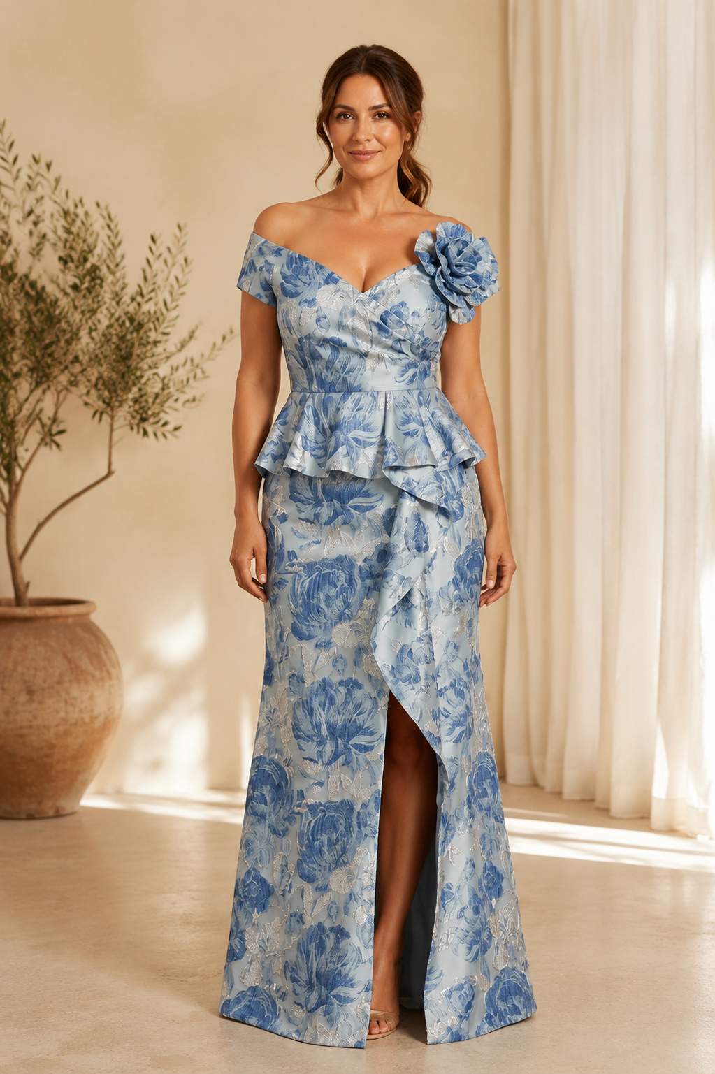 Off-the-Shoulder Floral Jacquard Gown with Peplum Waist