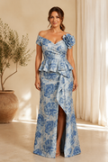 Off-the-Shoulder Floral Jacquard Gown with Peplum Waist