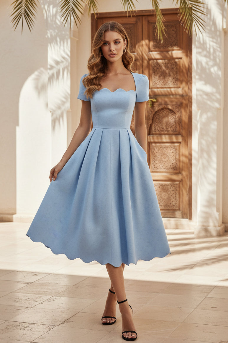 Scalloped Pleated Midi Dress with Pockets