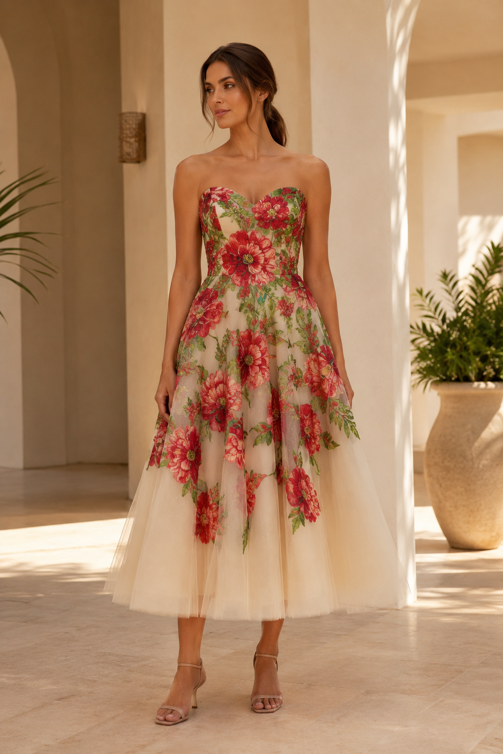 Strapless Floral Embroidered Tea-Length Tulle Dress
