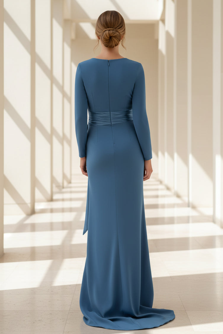 Elegant Long Sleeve Column Evening Gown with Side Bow