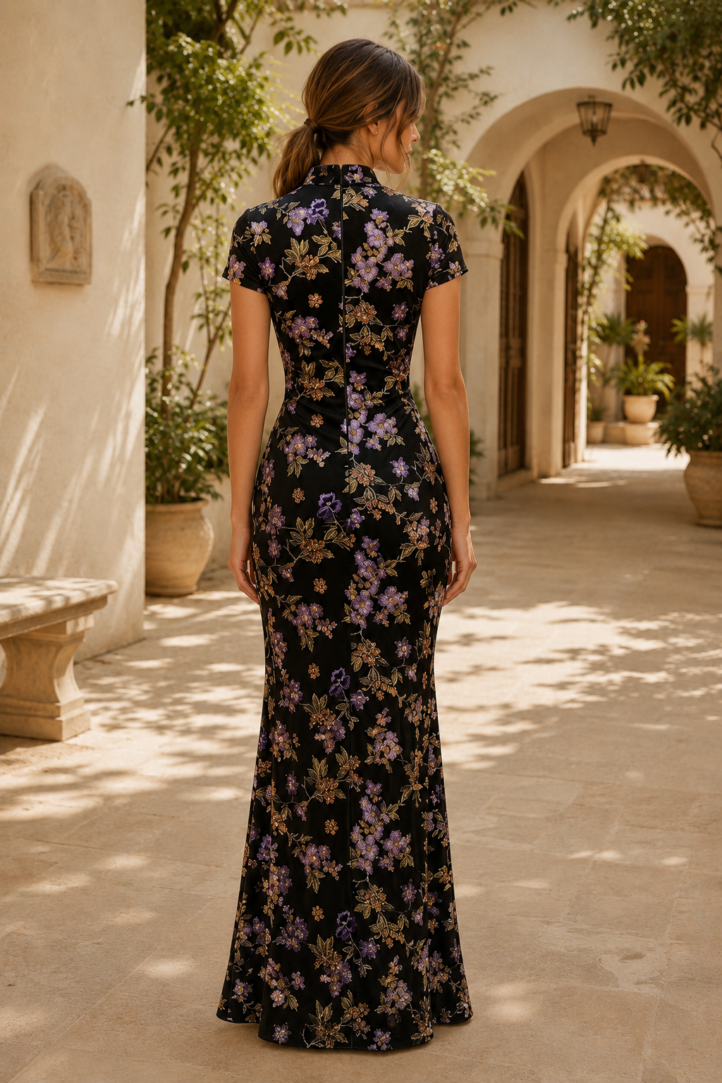 Floral Mandarin Collar Short Sleeve Maxi Dress