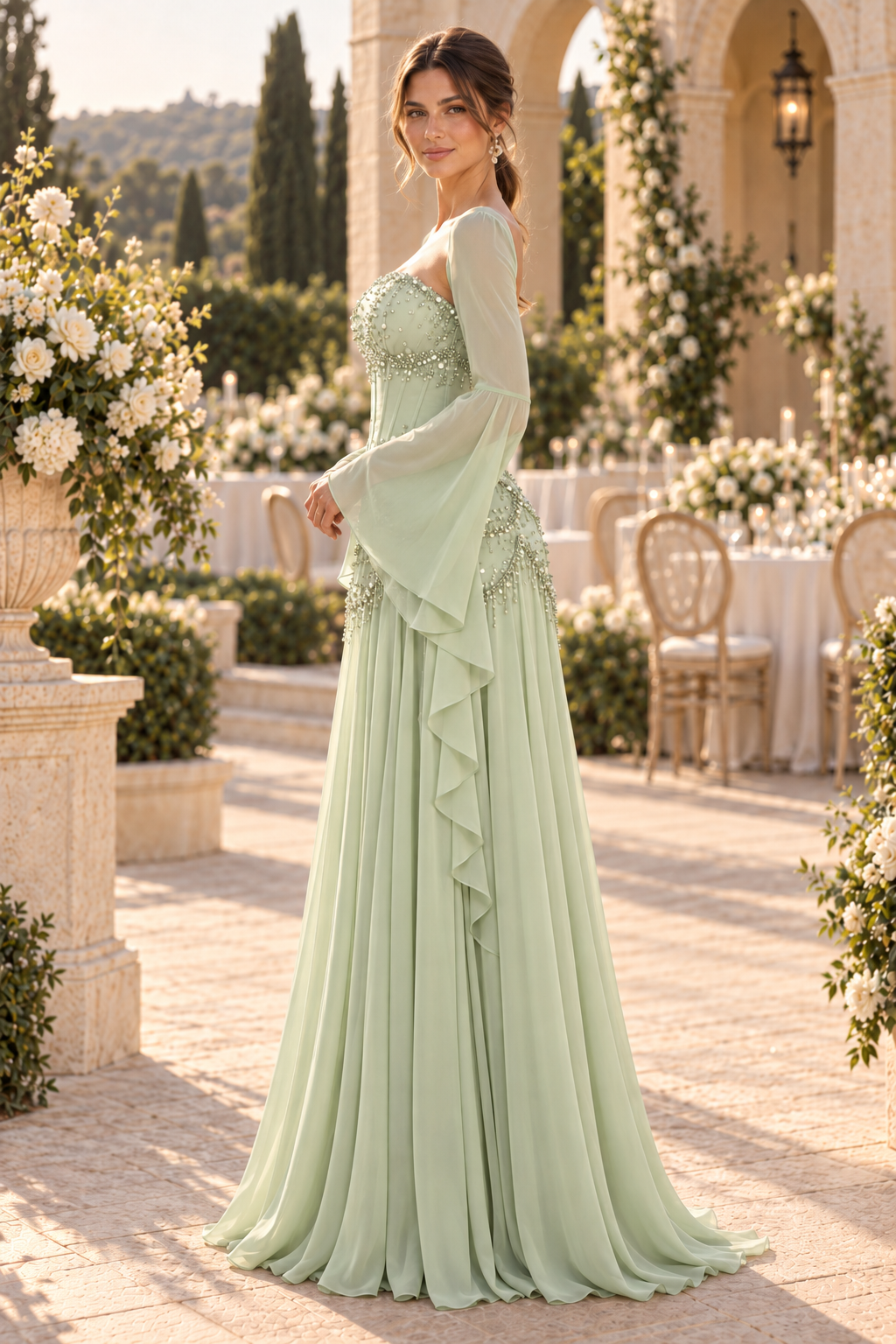 Beaded Corset Evening Gown with Flared Sleeves