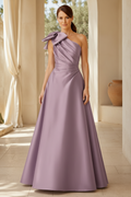 One-Shoulder Satin A-Line Gown with Bow and Pockets