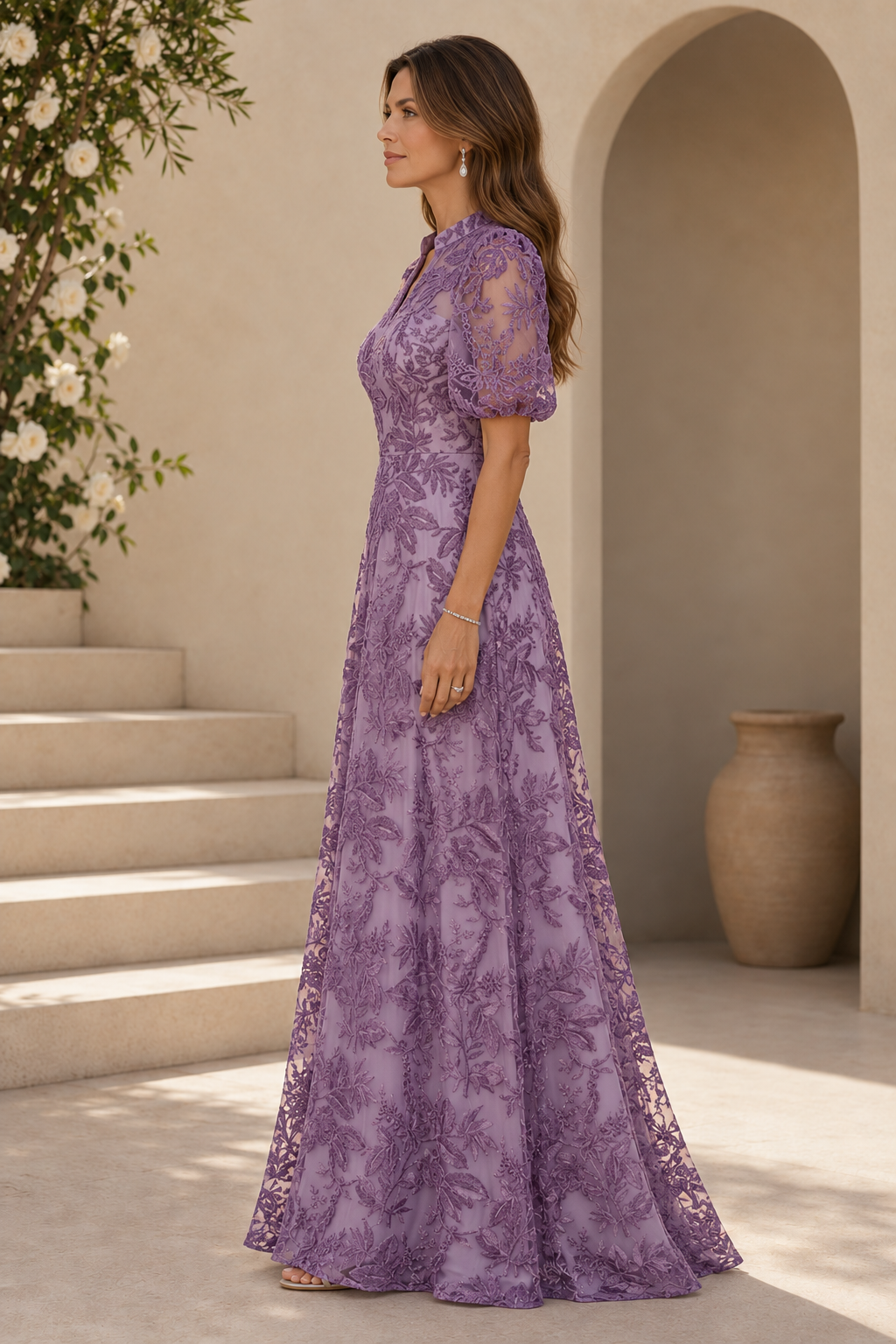 Embroidered Lace A-Line Gown with Puff Sleeves