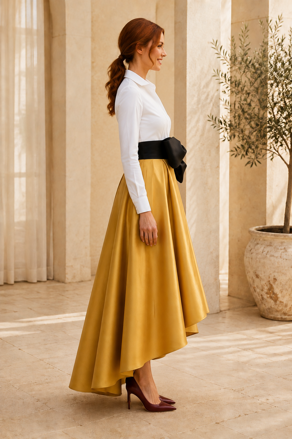 Collared Long Sleeve High-Low Dress with Bow Waist