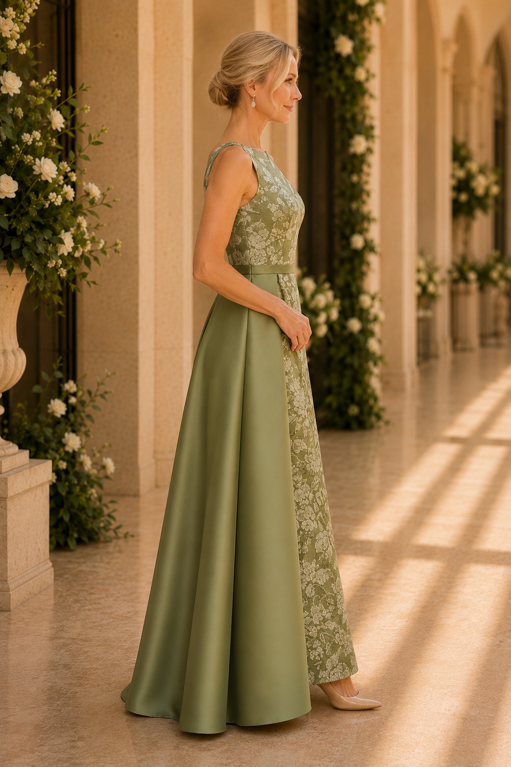 Floral Jacquard Column Gown with Satin Overskirt
