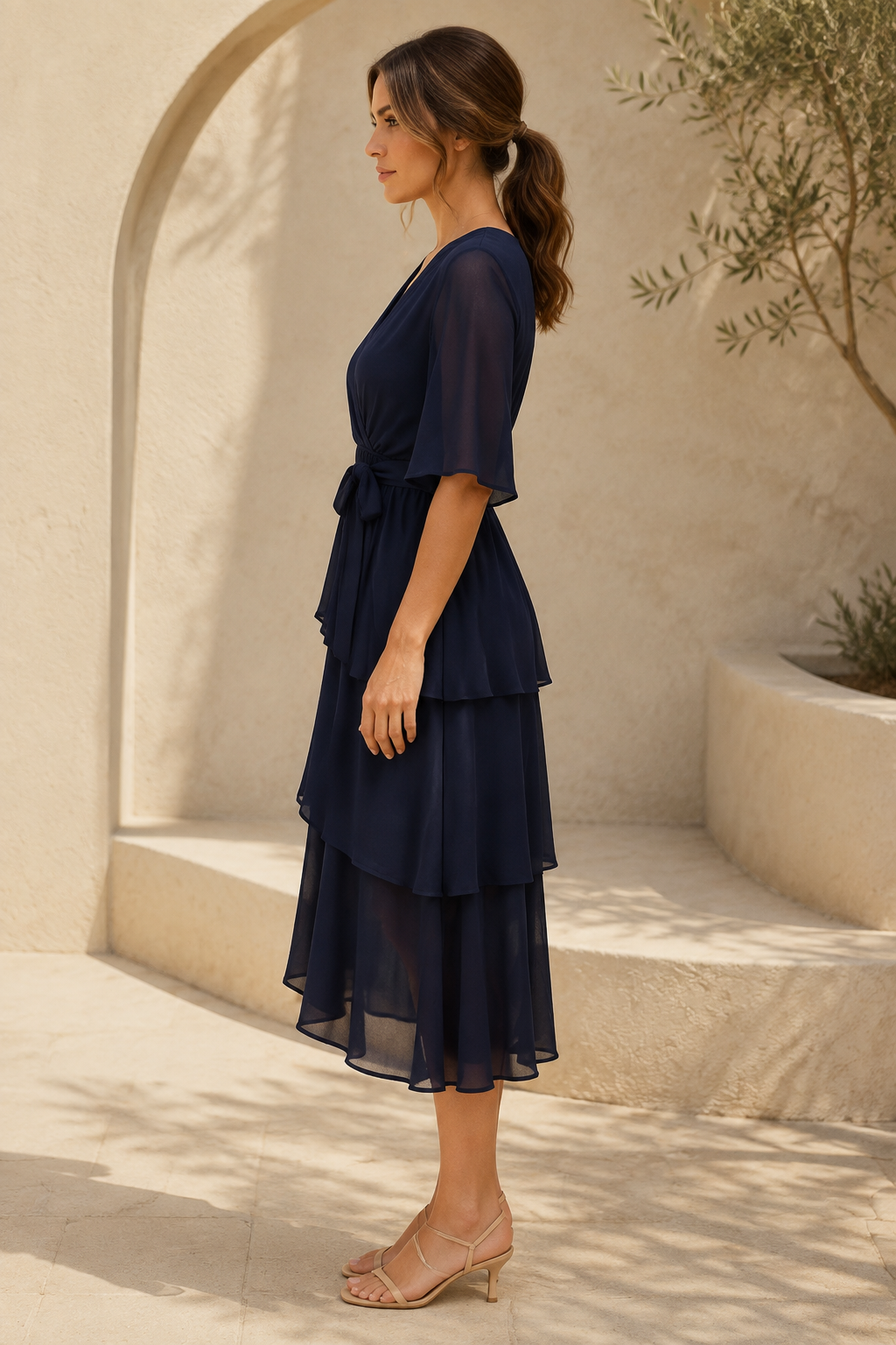 Tiered Chiffon Wrap Midi Dress with Flutter Sleeves