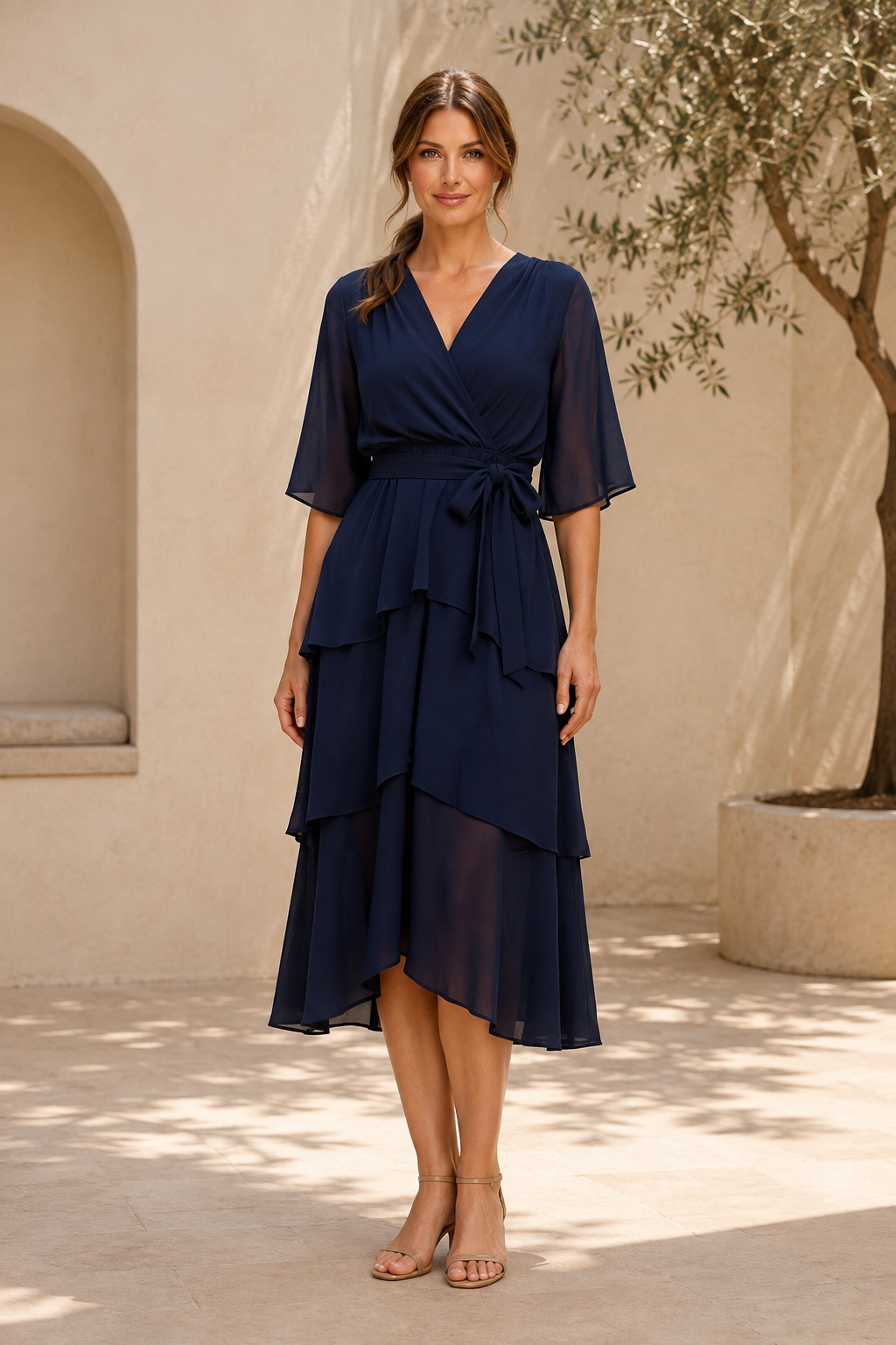 Tiered Chiffon Wrap Midi Dress with Flutter Sleeves
