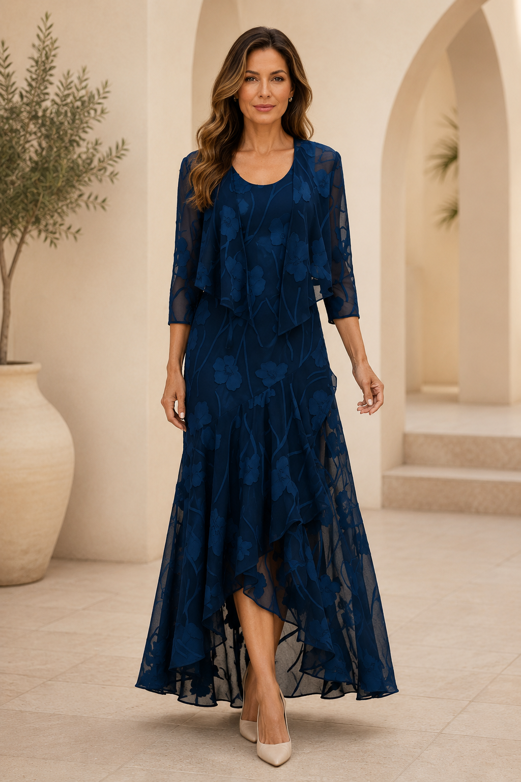 Floral High-Low Dress with Matching Jacket Set