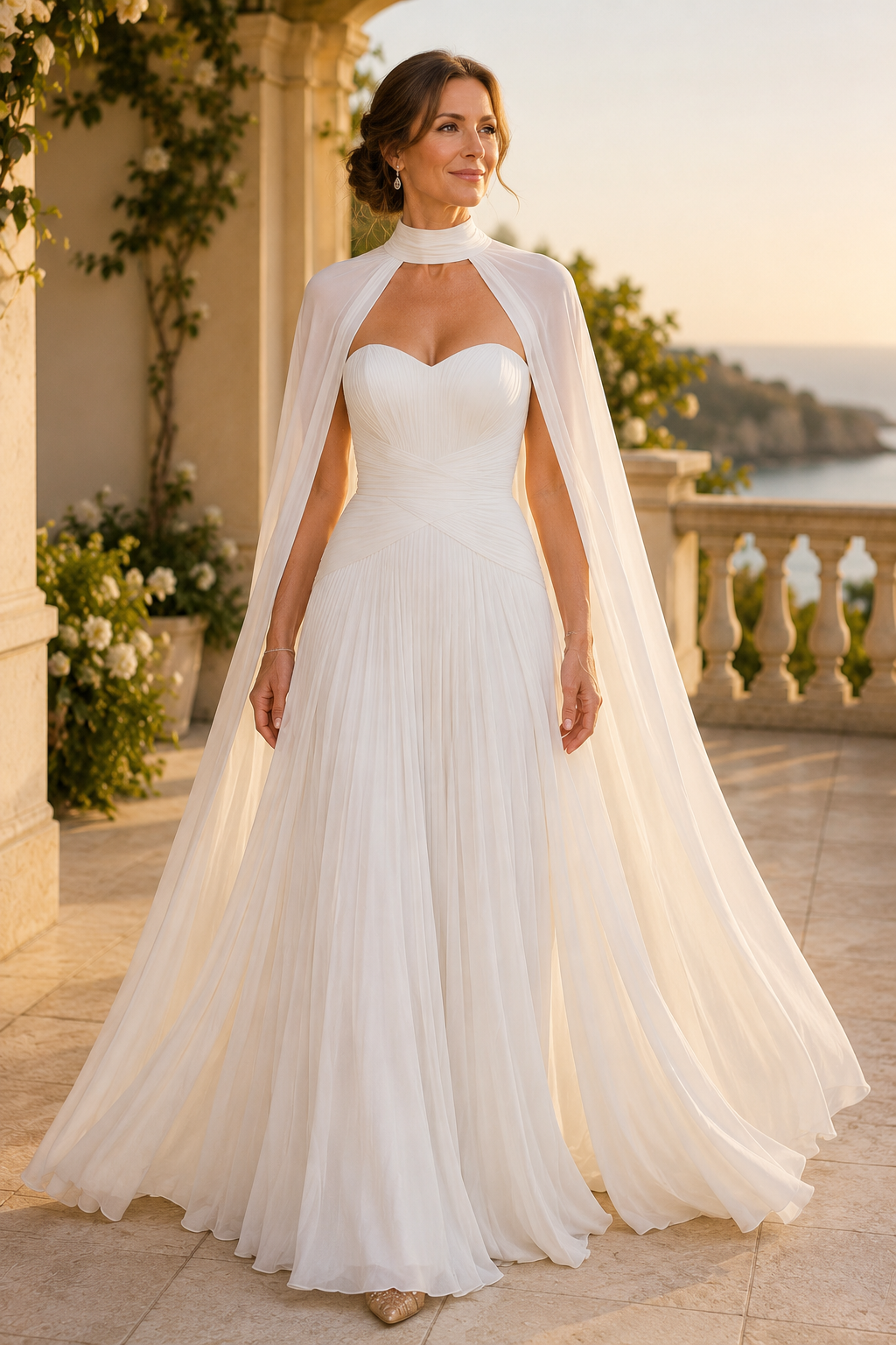 Plissiertes A-Linien-Kleid mit hochgeschlossenem Umhang