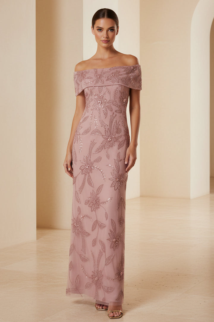 Off-the-Shoulder Beaded Floral Sheath Evening Gown