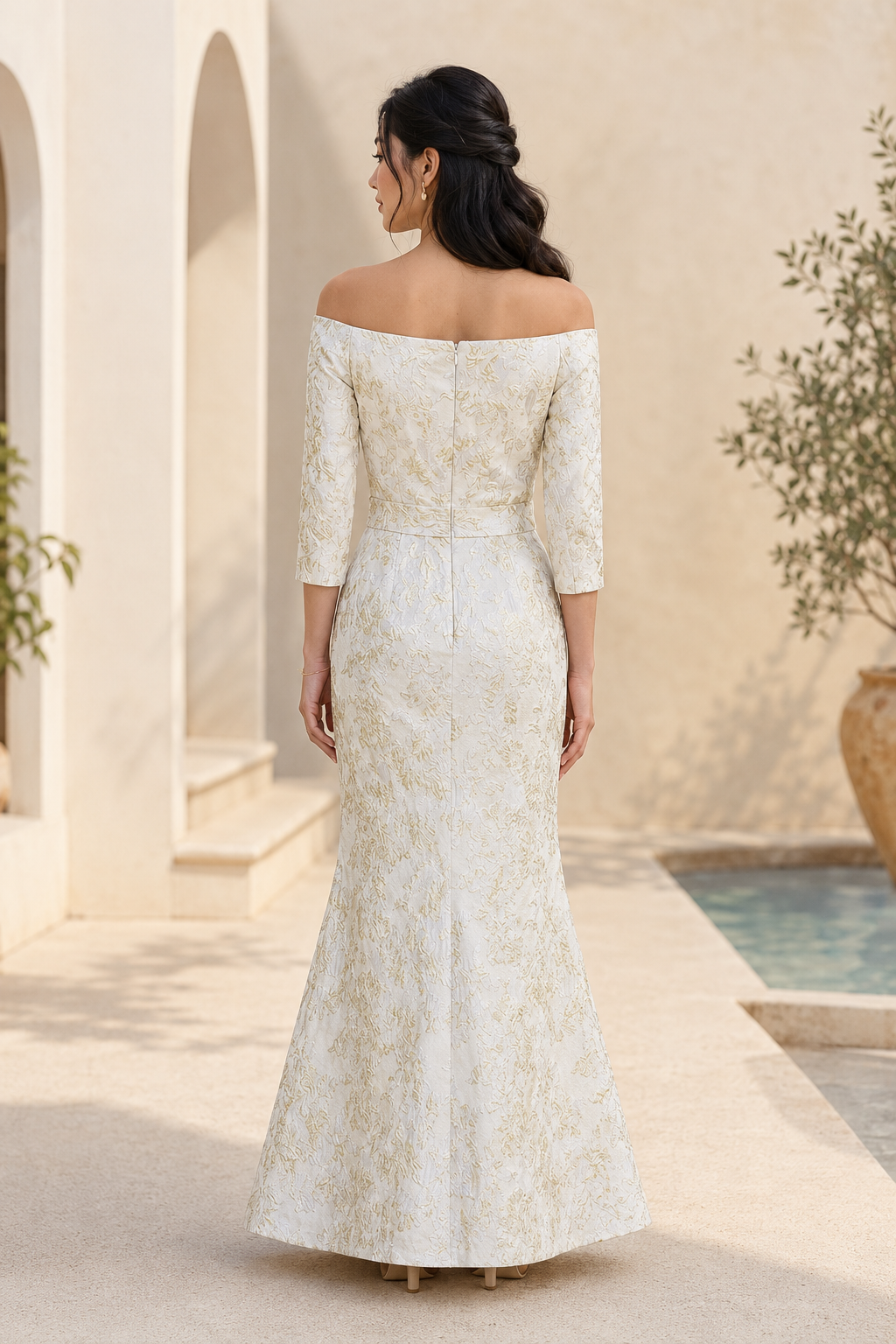 Off-the-Shoulder Metallic Jacquard Mermaid Gown