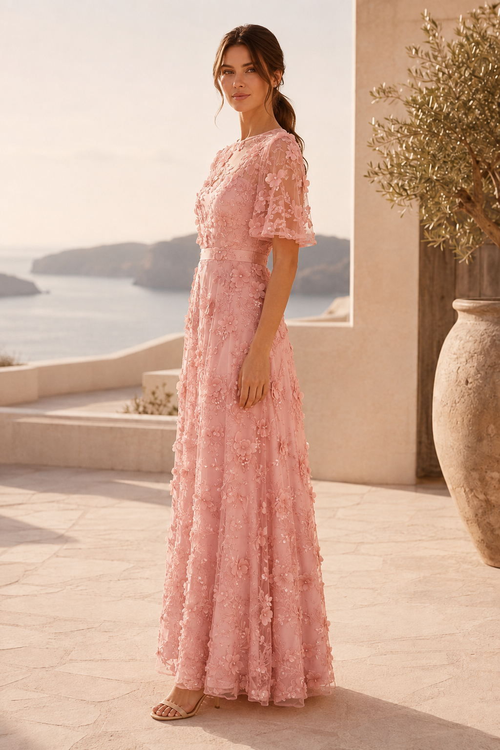 3D Floral Applique Maxi Dress with Flutter Sleeves