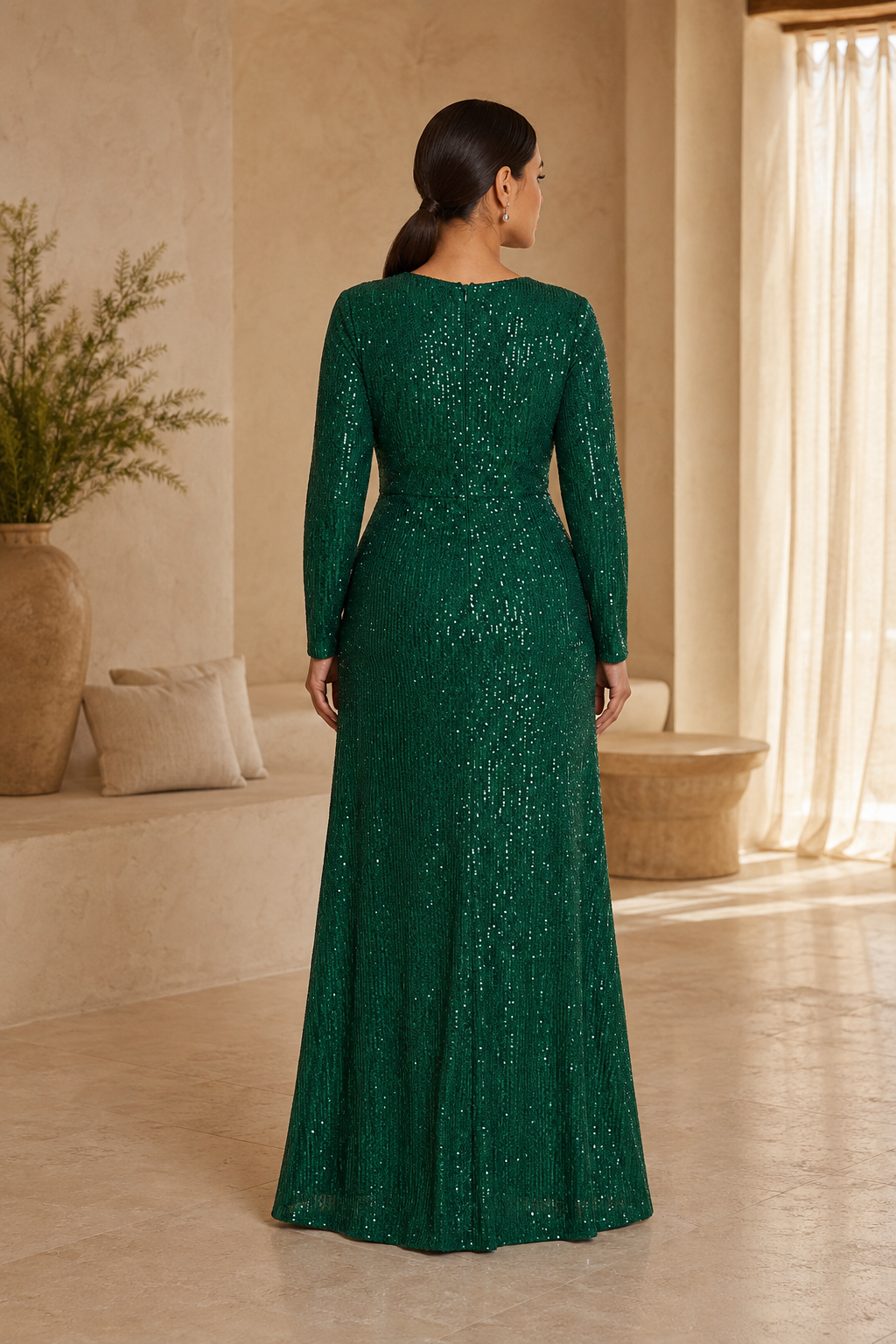 Long-Sleeve Sequin Gown with Draped Front Skirt