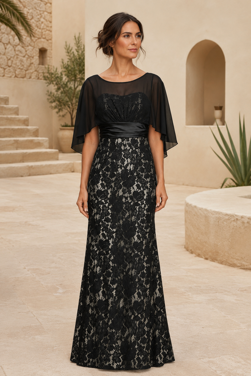 Illusion Cape Sleeve Lace Sheath Evening Gown