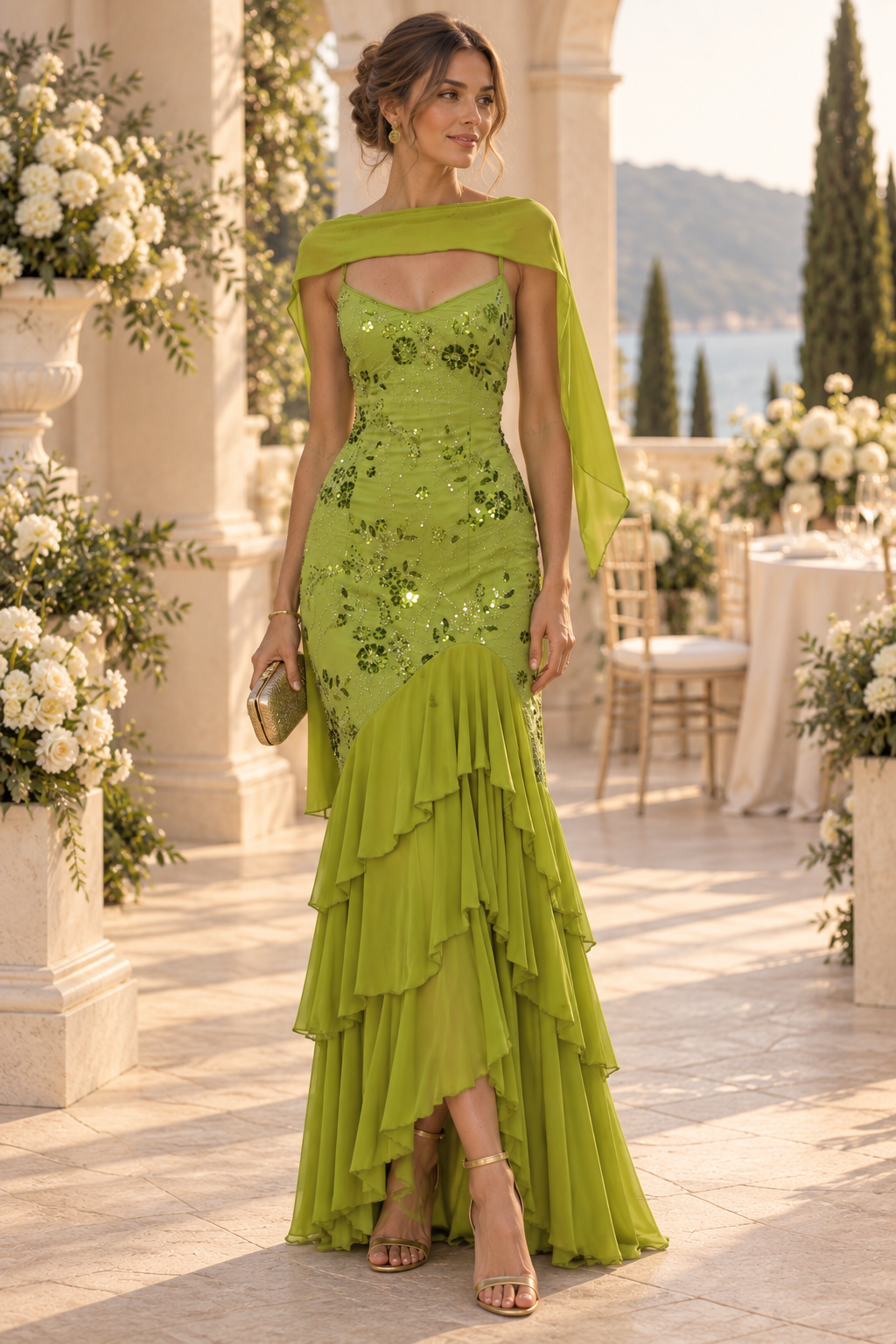 Tiered Ruffle Sequin Gown with Shawl