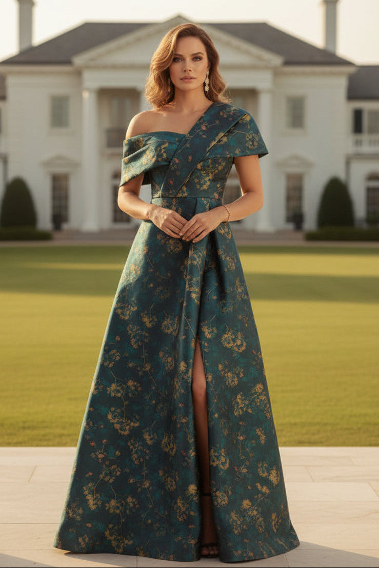 One-Shoulder Floral Jacquard A-Line Evening Gown
