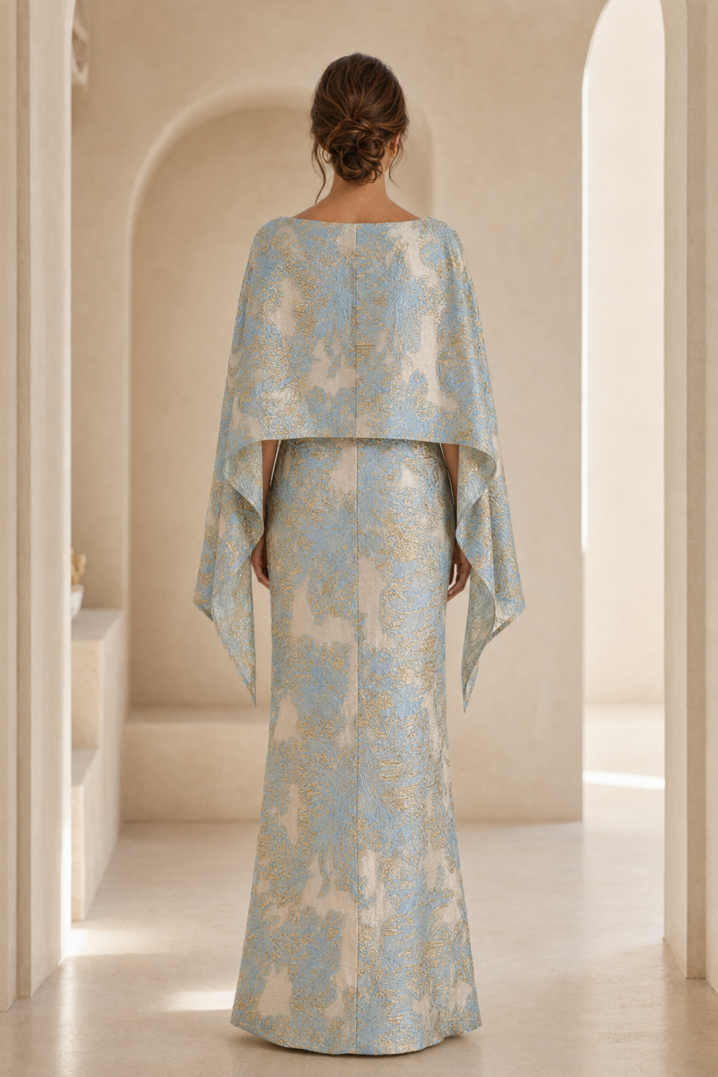 Jacquard Cape Maxi Evening Dress