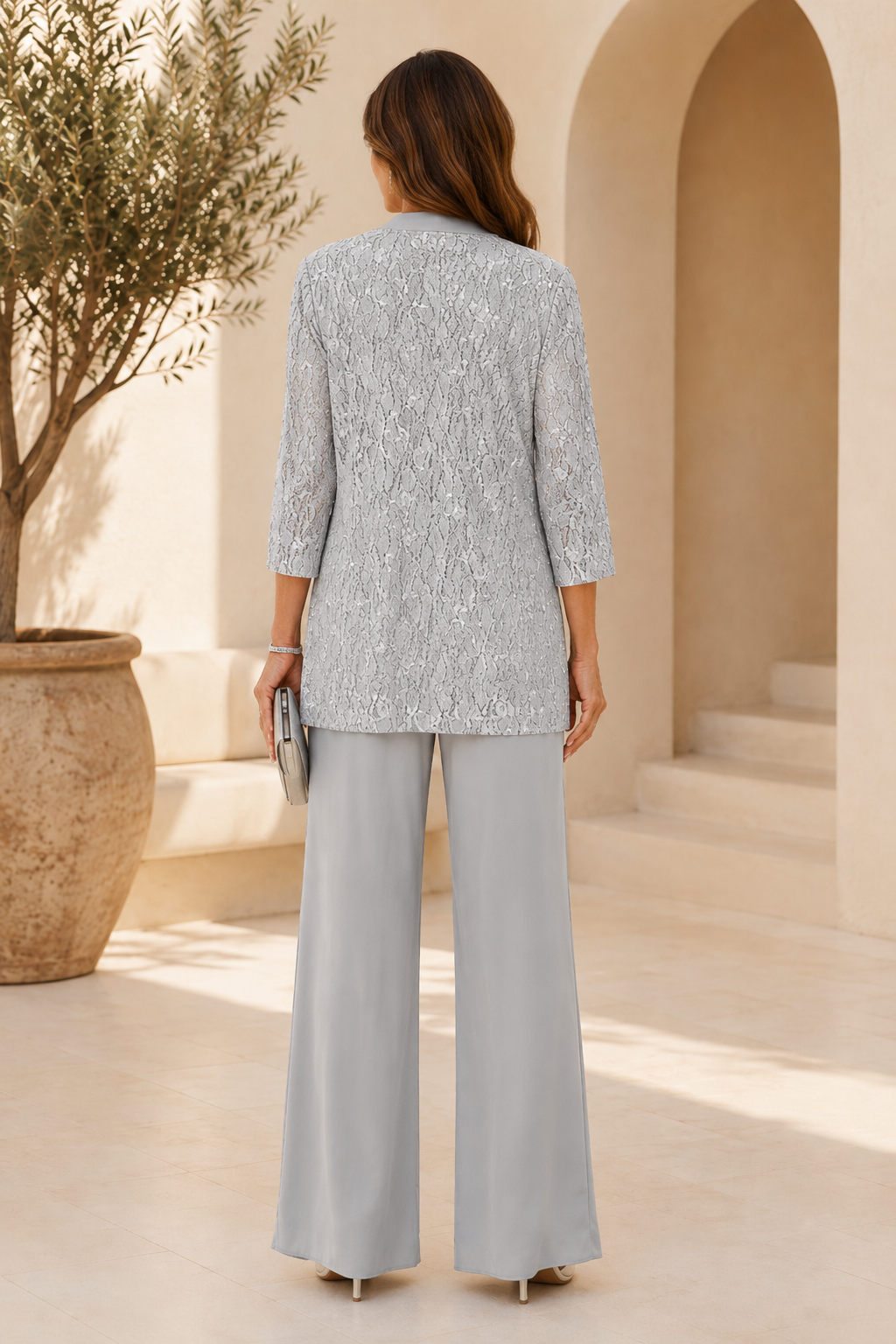 Lace Jacket & Wide-Leg Formal Pantsuit