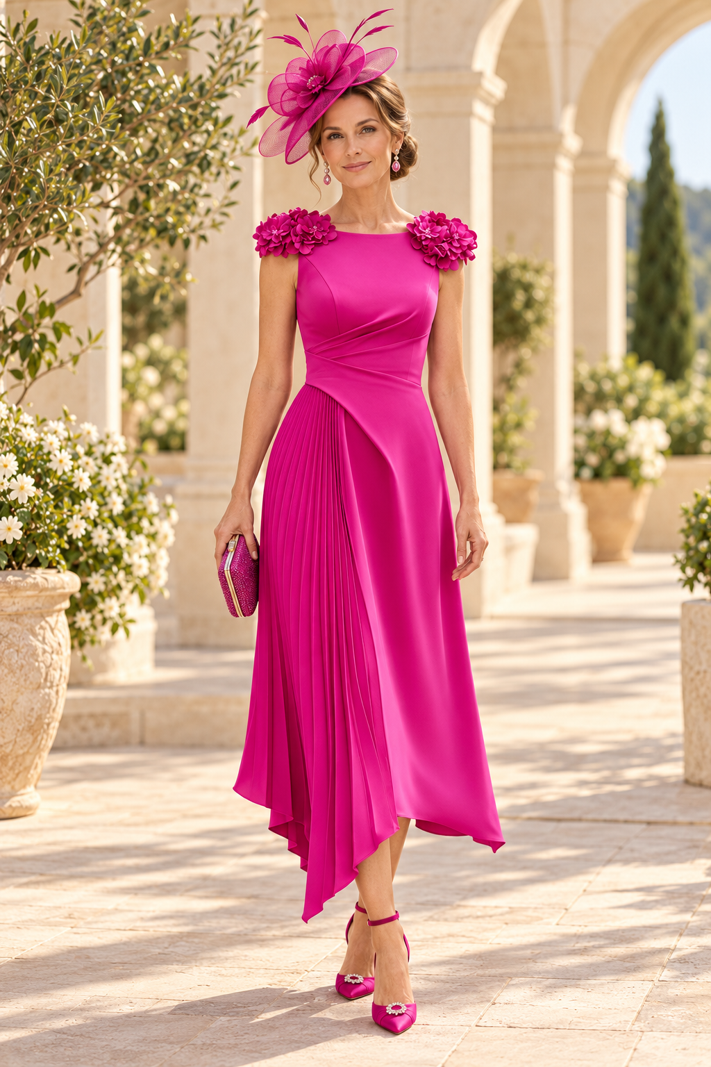Pleated Asymmetrical Midi Dress with 3D Florals