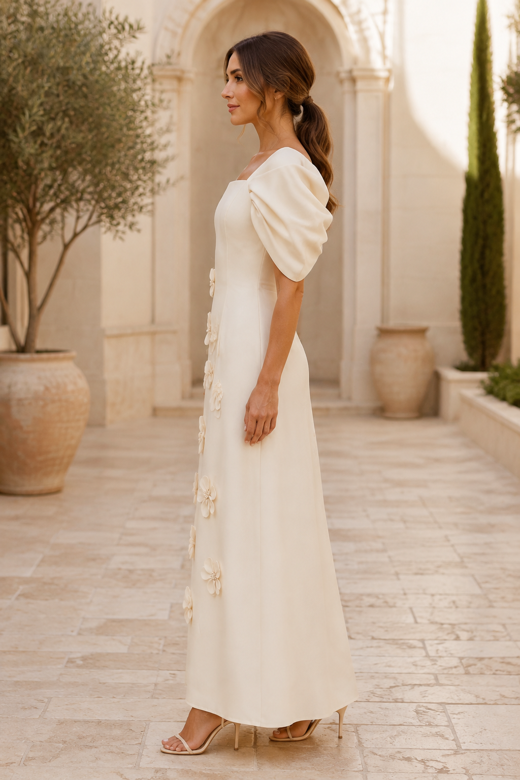 Square-Neck A-Line Gown with Puff Sleeves & 3D Flowers