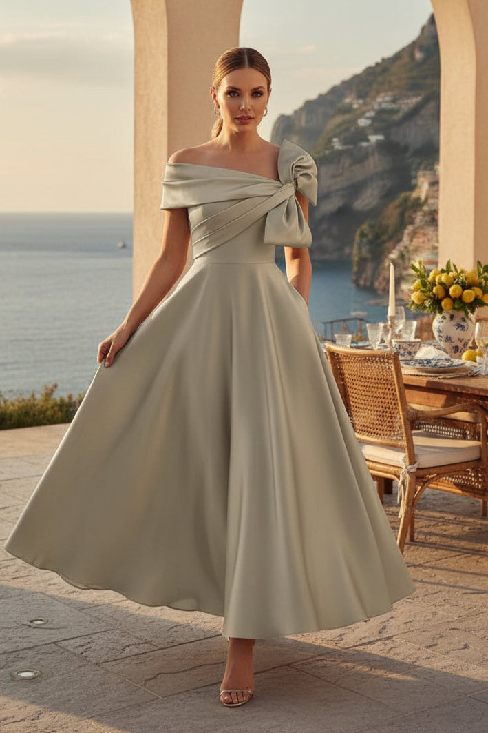 One-Shoulder Satin A-Line Midi Dress with Bow