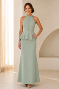 Beaded Halter Peplum Evening Gown with Keyhole Back