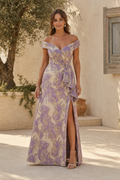 Off-the-Shoulder Floral Jacquard Gown with High Slit