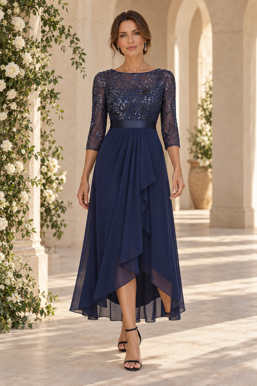 Sequin Illusion Bodice High-Low A-Line Dress