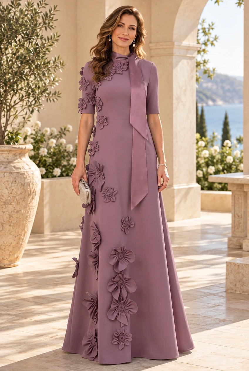 3D Floral High Neck A-Line Gown with Neck Tie
