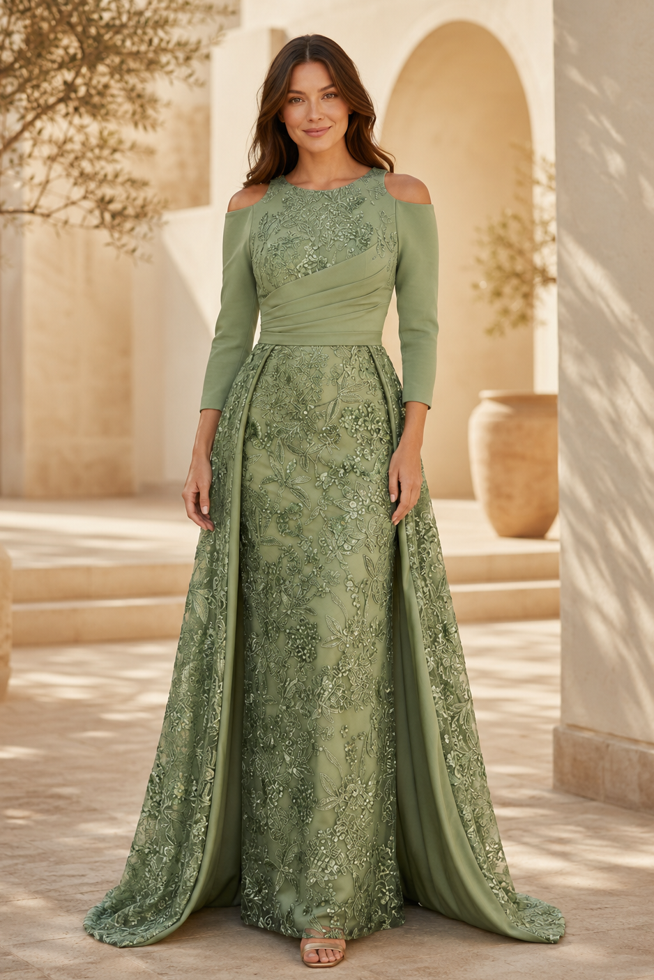 Cold-Shoulder Lace Evening Gown with Overskirt