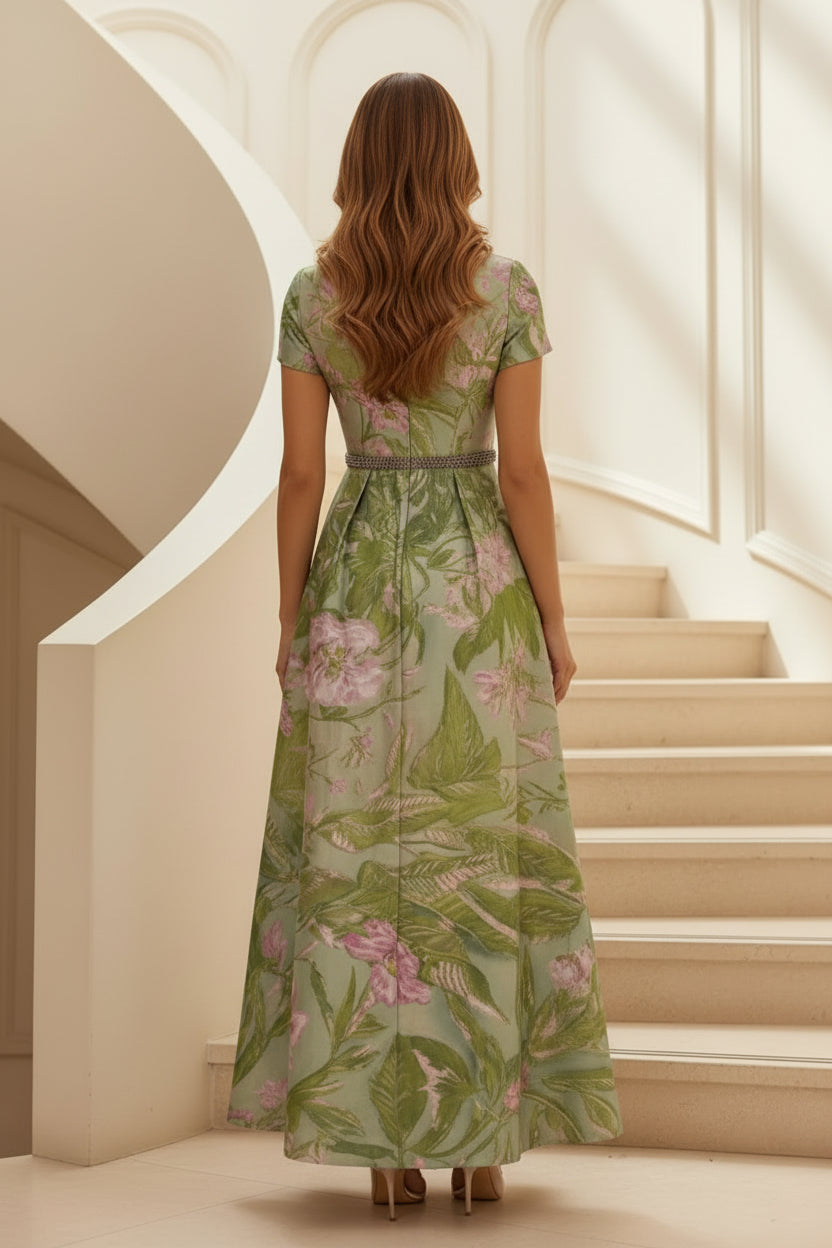 Floral Jacquard Maxi Dress with Beaded Belt
