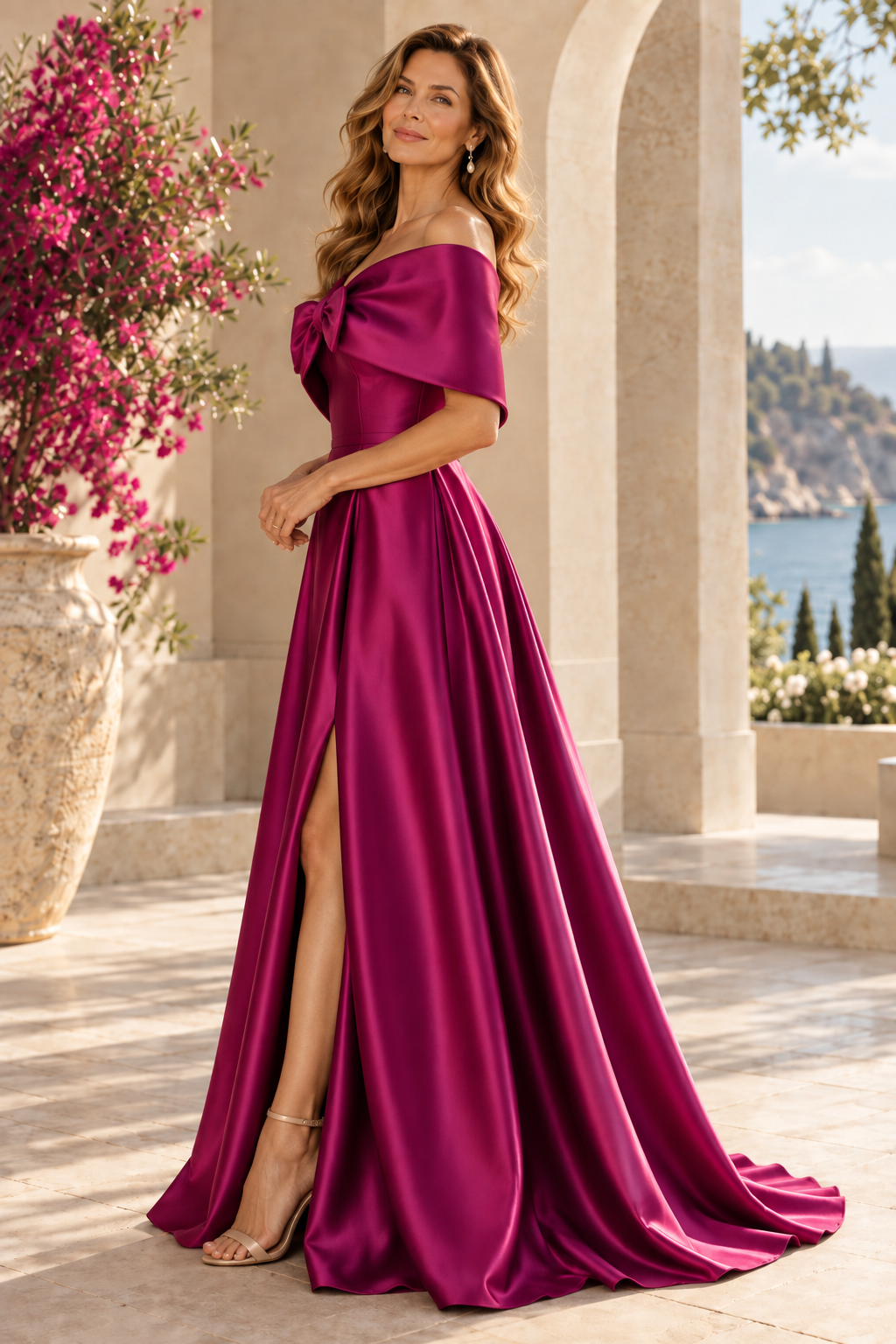Off-the-Shoulder Bow A-Line Gown with Slit
