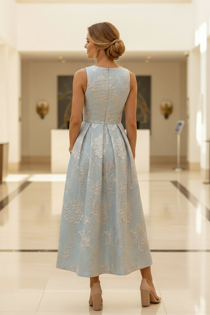 Floral Jacquard Wrap Bodice Midi Dress with Pockets