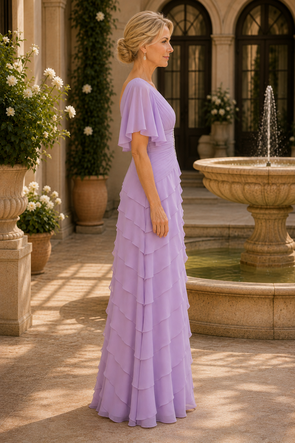 Tiered Chiffon Gown with Flutter Sleeves