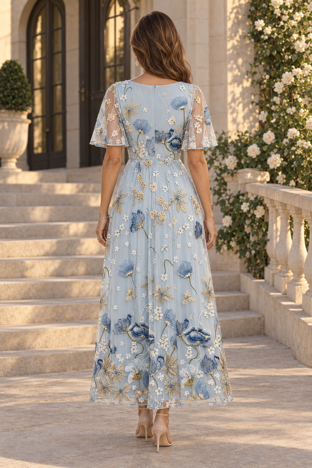 Embroidered Floral A-Line Ankle Dress