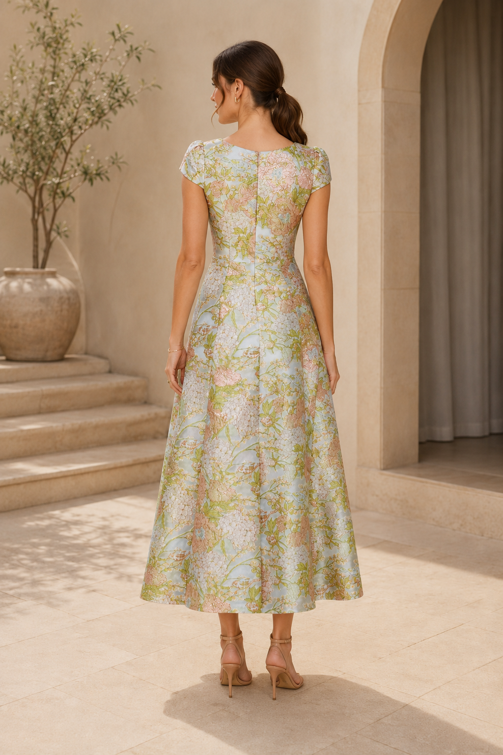 Floral Jacquard Square Neck Cap Sleeve Midi Dress