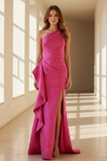 One-Shoulder Metallic Jacquard Ruffled Evening Gown