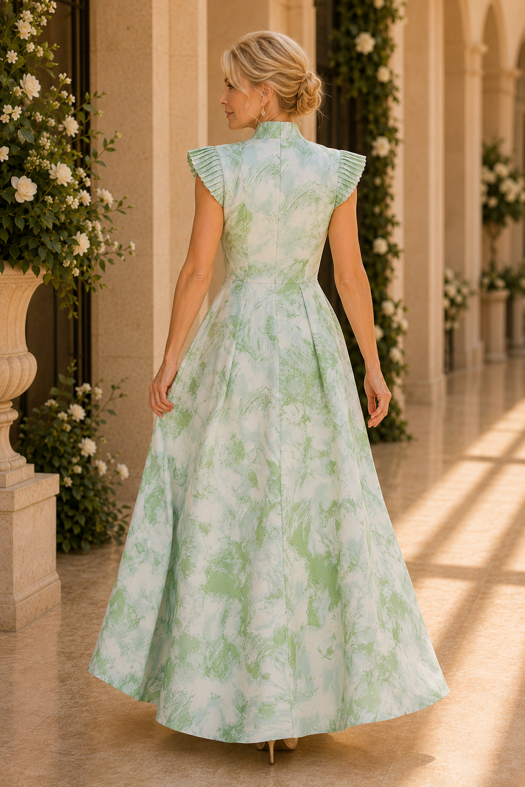 Pleated Collar A-Line Maxi Dress with Cap Sleeves